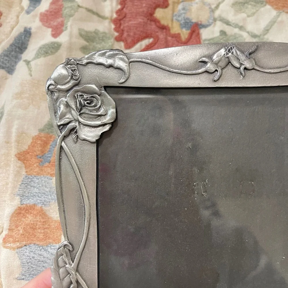 Vtg silver Mid Century Modern 5x5.5 Picture Frame Ornate Etched filigree pewter